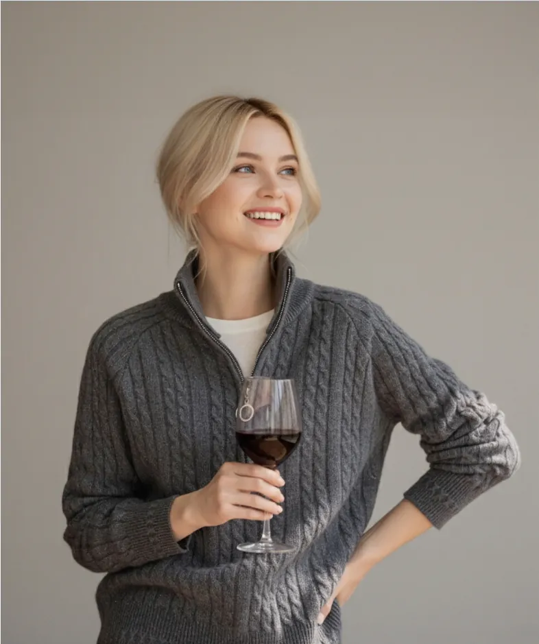 Model wearing dark grey half - zip cable - knit sweater