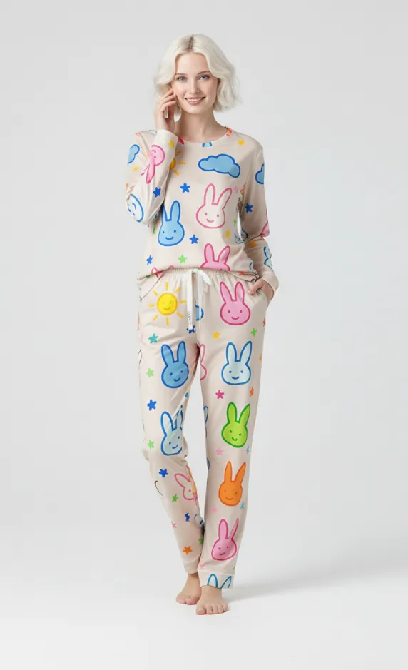 Model wearing bunny - printed loungewear set