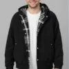 black-corduroy-jacket-with-plaid-lining-model-front-display.jpg Model wearing black corduroy jacket with plaid lining (front view)