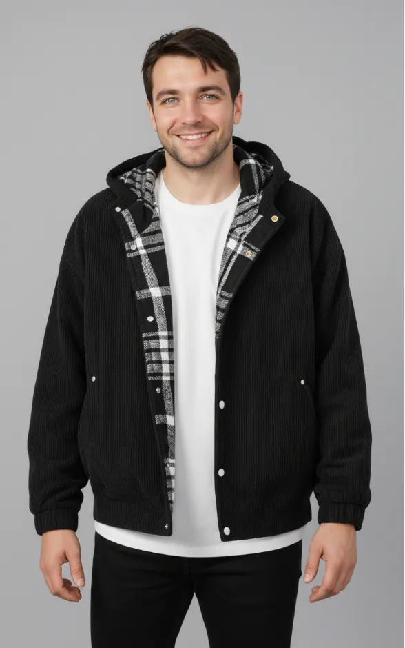 Model wearing black corduroy jacket with plaid lining (front view)