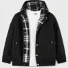black-corduroy-jacket-with-plaid-lining-front-display.jpg Front display of black corduroy jacket with plaid lining