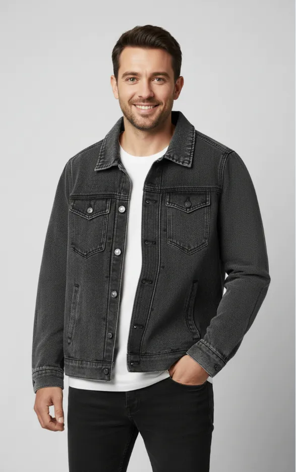 Model wearing vintage washed black denim jacket (front view)