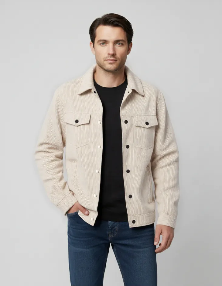 Model wearing beige corduroy jacket (front view)