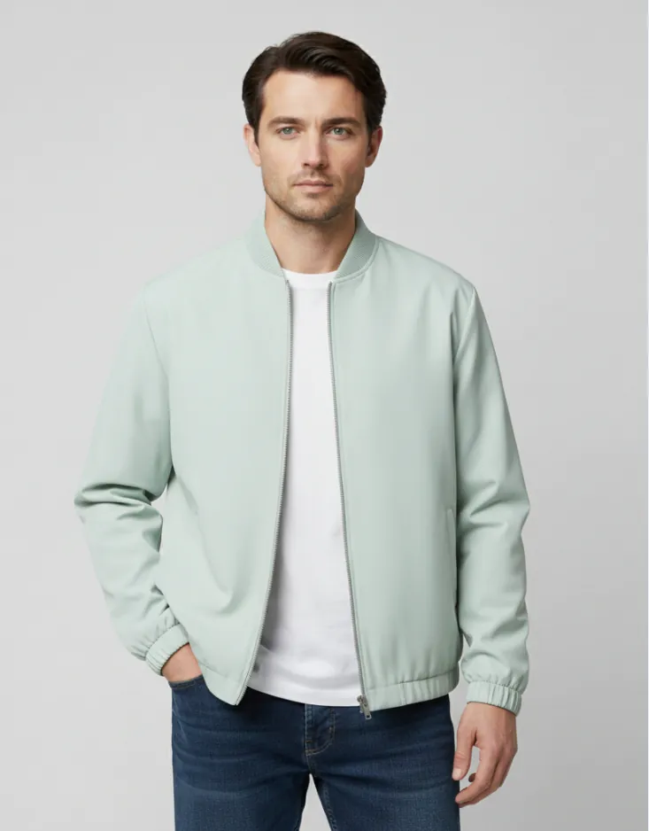 light-green-zip-up-jacket-model-front-display.jpg Model wearing light green zip-up jacket (front view)