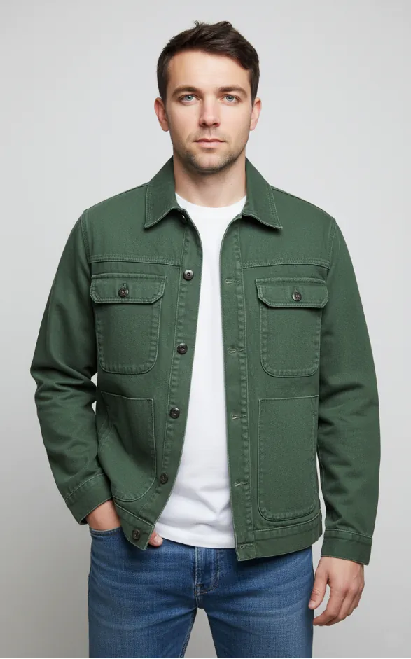 Model wearing dark green utility jacket (front view)