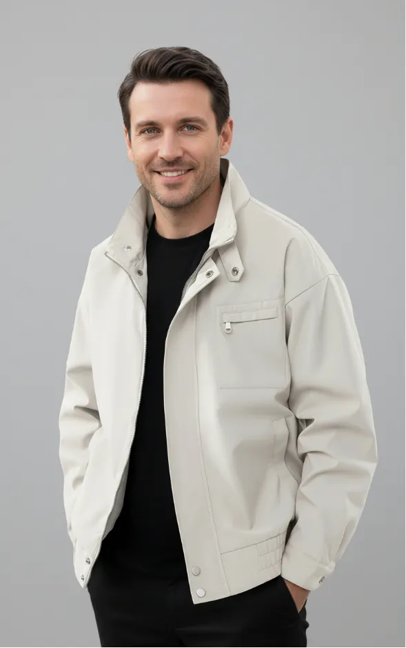 Model wearing beige zip-up jacket (front view)