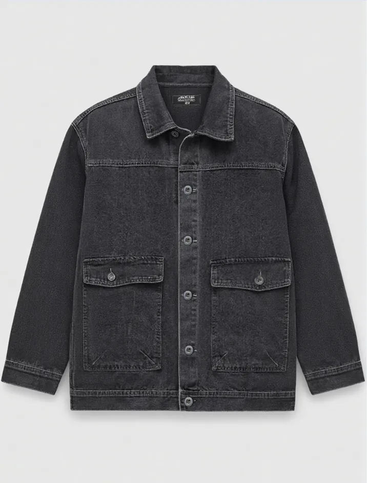 Front display of oversized charcoal denim utility jacket