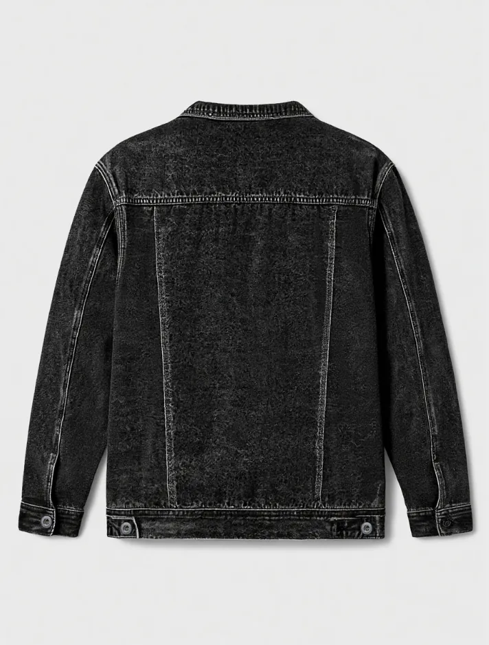 Back display of oversized charcoal denim utility jacket