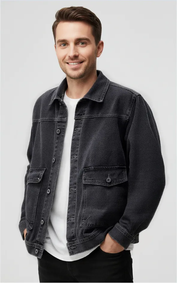 oversized-charcoal-denim-utility-jacket-model-front-display.jpg Model wearing oversized charcoal denim utility jacket (front view)