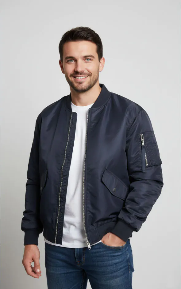 navy-blue-bomber-jacket-model-display.jpg Model wearing navy blue bomber jacket