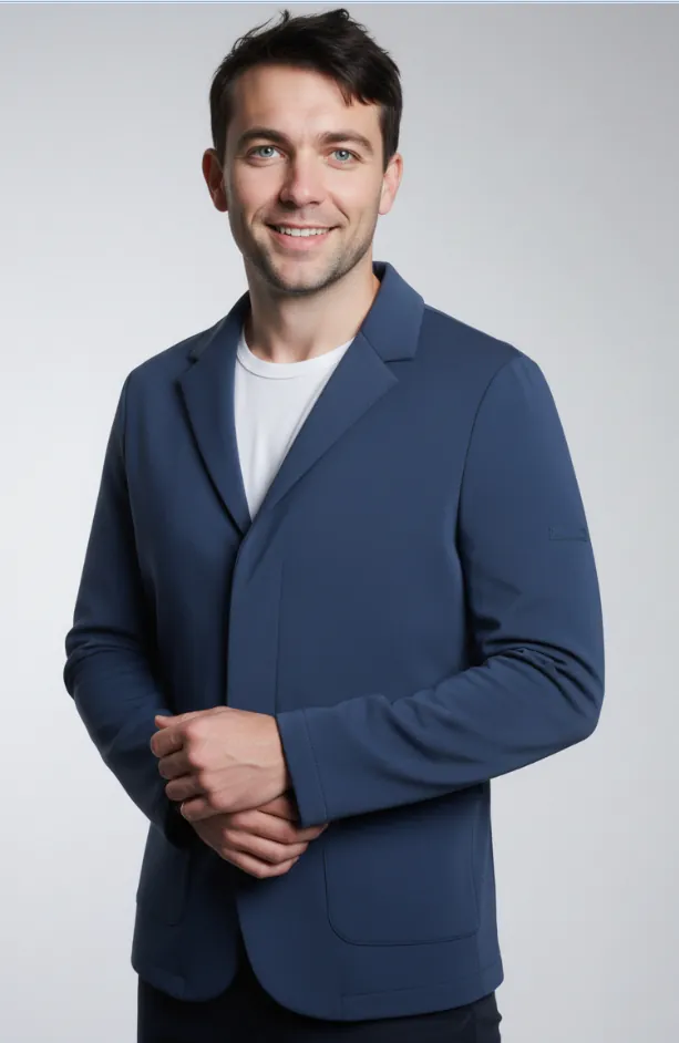 Model wearing blue effortless style blazer