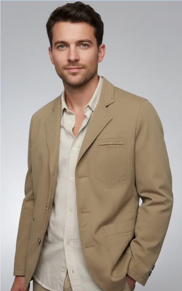 khaki-effortless-utility-blazer-model-display.jpg Model wearing khaki effortless utility blazer