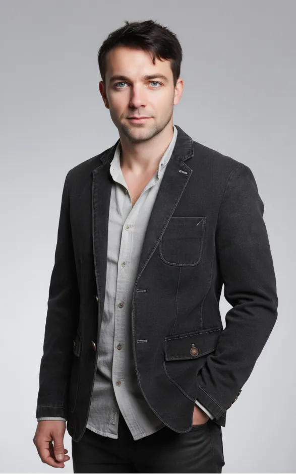 Model wearing vintage washed denim blazer