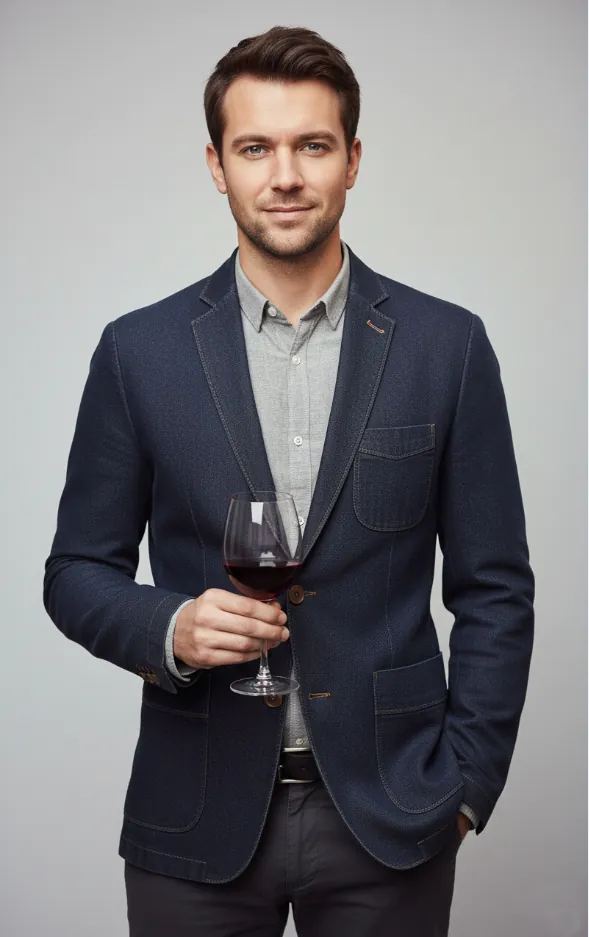 light-blue-denim-sophisticated-blazer-model-display.jpg Model wearing light blue denim sophisticated blazer (holding a wine glass)