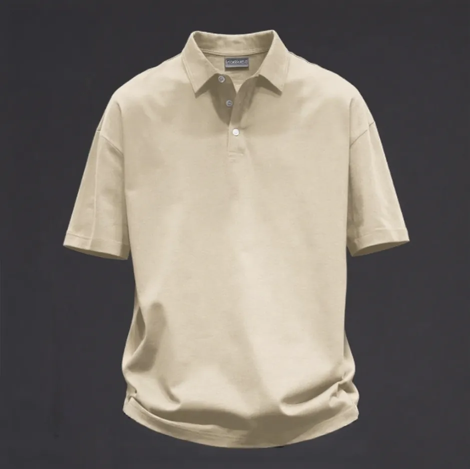 Display of beige oversized polo shirt