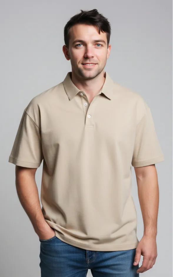 beige-oversized-polo-shirt-model-display.jpg Model wearing beige oversized polo shirt