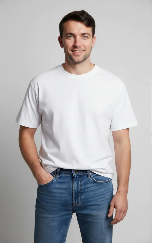 Model wearing classic white short sleeve crew - neck T - shirt