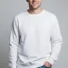 Model wearing crisp white crew - neck sweatshirt