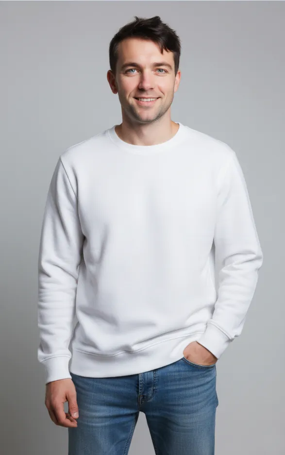 Model wearing crisp white crew - neck sweatshirt
