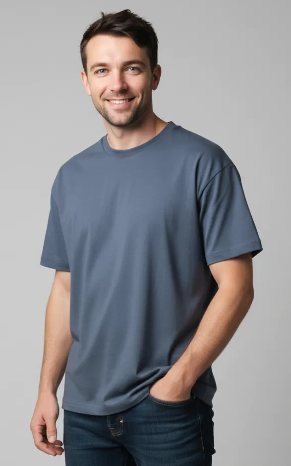 Model wearing slate blue oversized short sleeve T - shirt