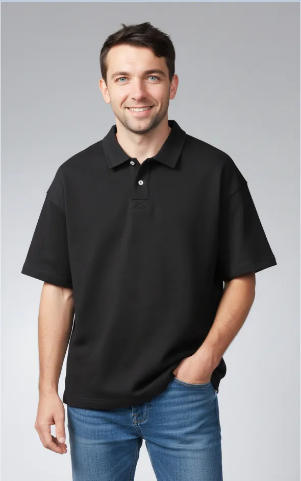 black-oversized-short-sleeve-polo-shirt-model-display.jpg Model wearing black oversized short sleeve polo shirt
