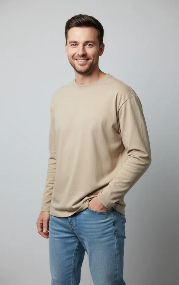 beige-oversized-long-sleeve-t-shirt-model-display.jpg Model wearing beige oversized long sleeve T - shirt