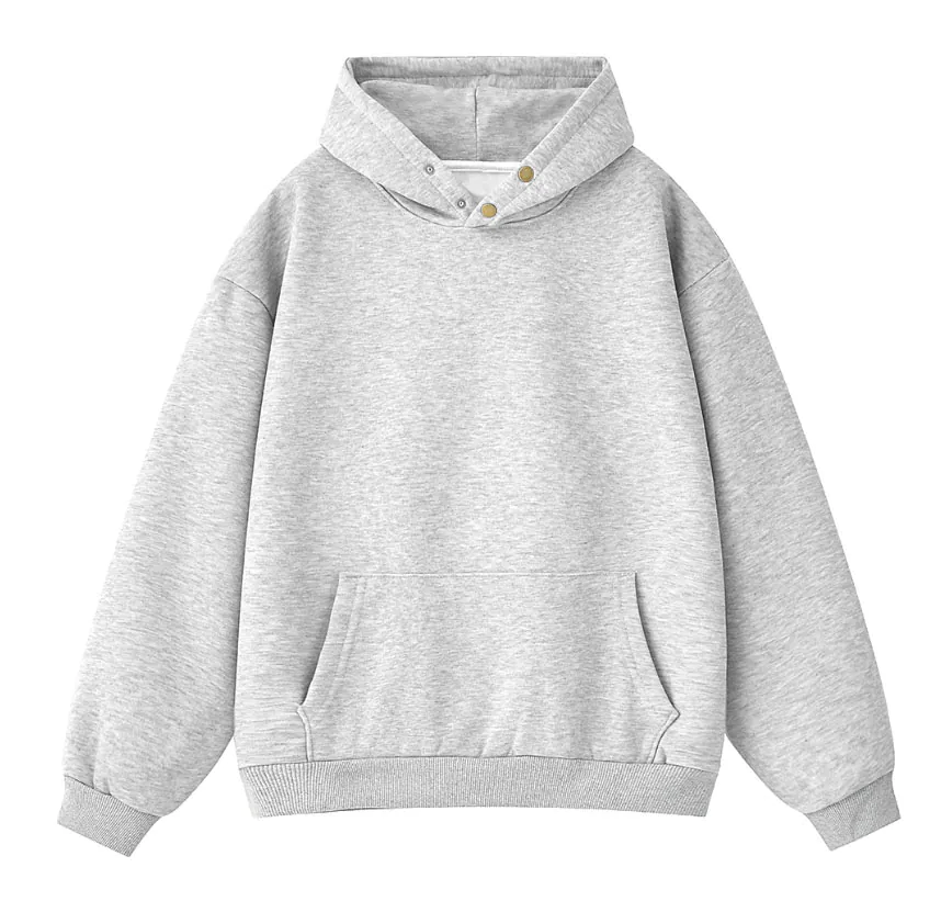 Display of light gray hoodie with button accents