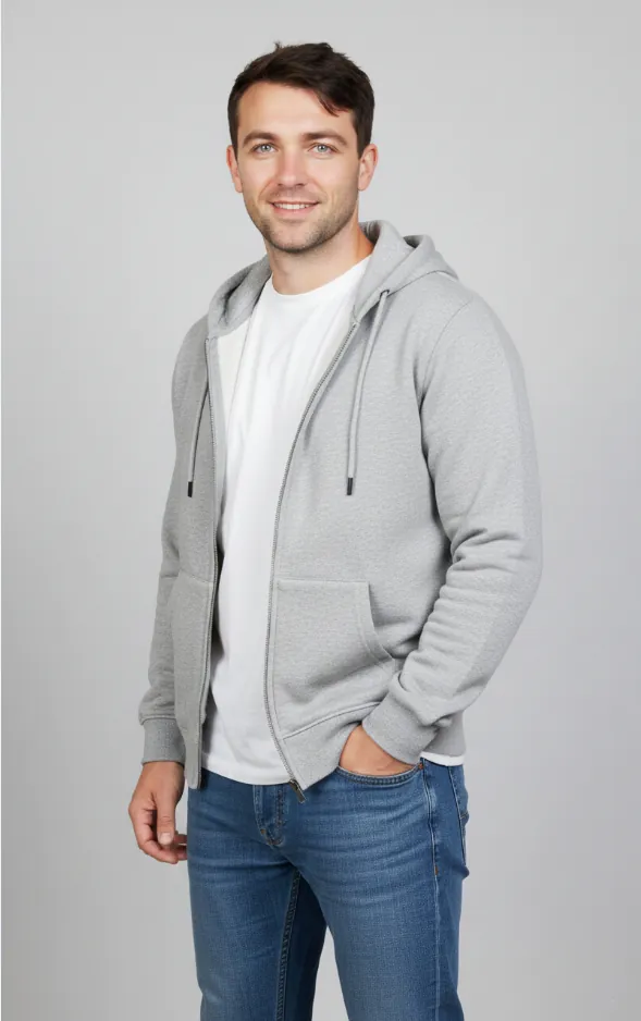 light-gray-zip-up-hoodie-model-display.jpg Model wearing light gray zip - up hoodie