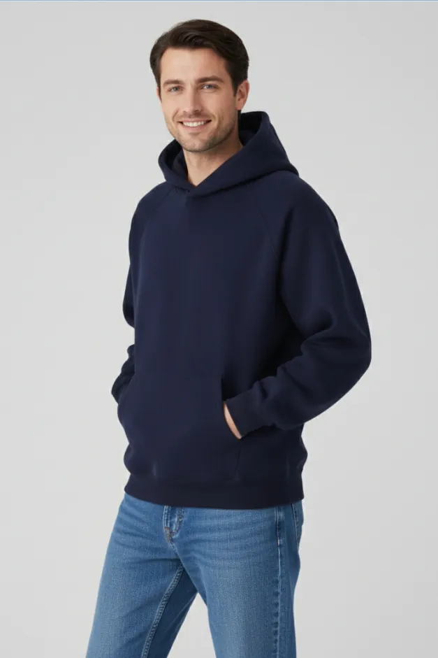 navy-blue-hoodie-with-kangaroo-pocket-model-display.jpg Model wearing navy blue hoodie with kangaroo pocket