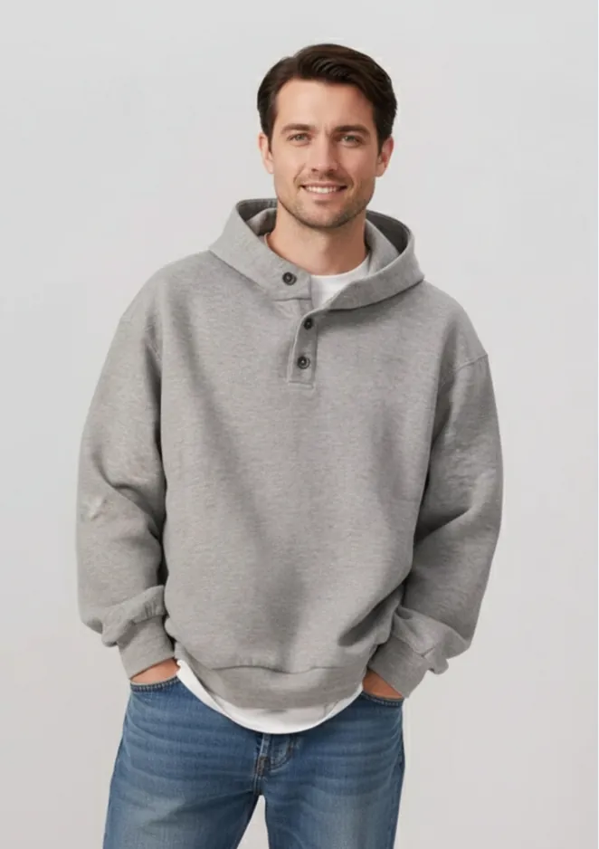 gray-henley-style-hoodie-model-display.jpg Model wearing gray Henley - style hoodie