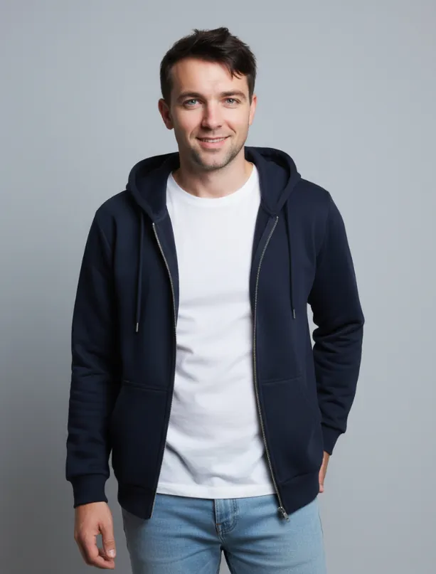 navy-blue-zip-up-hoodie-model-display.jpg Model wearing navy blue zip - up hoodie