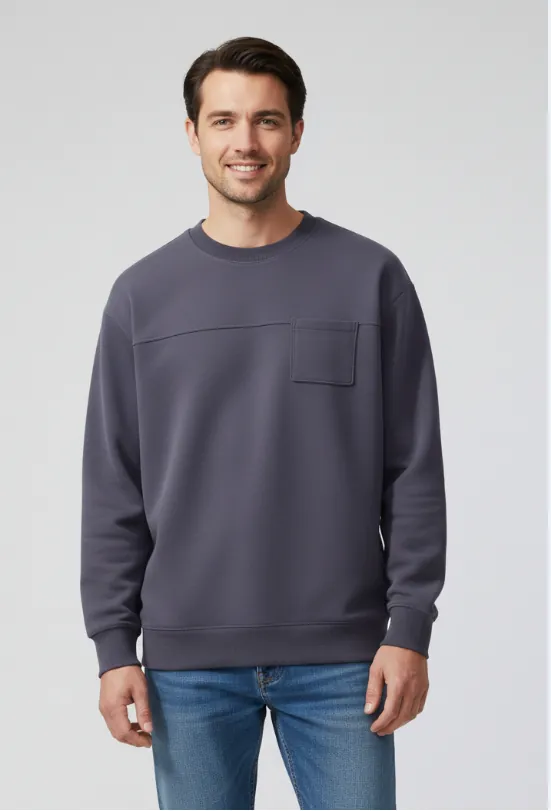 slate-gray-crew-neck-sweatshirt-with-chest-pocket-model-display.jpg Model wearing slate gray crew - neck sweatshirt with chest pocket