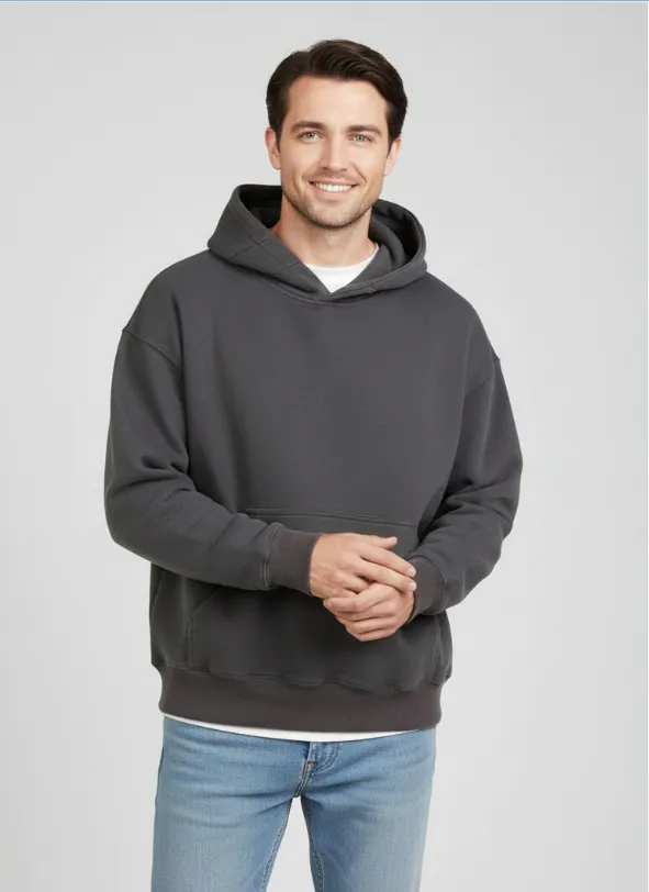 charcoal-gray-hoodie-with-kangaroo-pocket-model-display.jpg Model wearing charcoal gray hoodie with kangaroo pocket