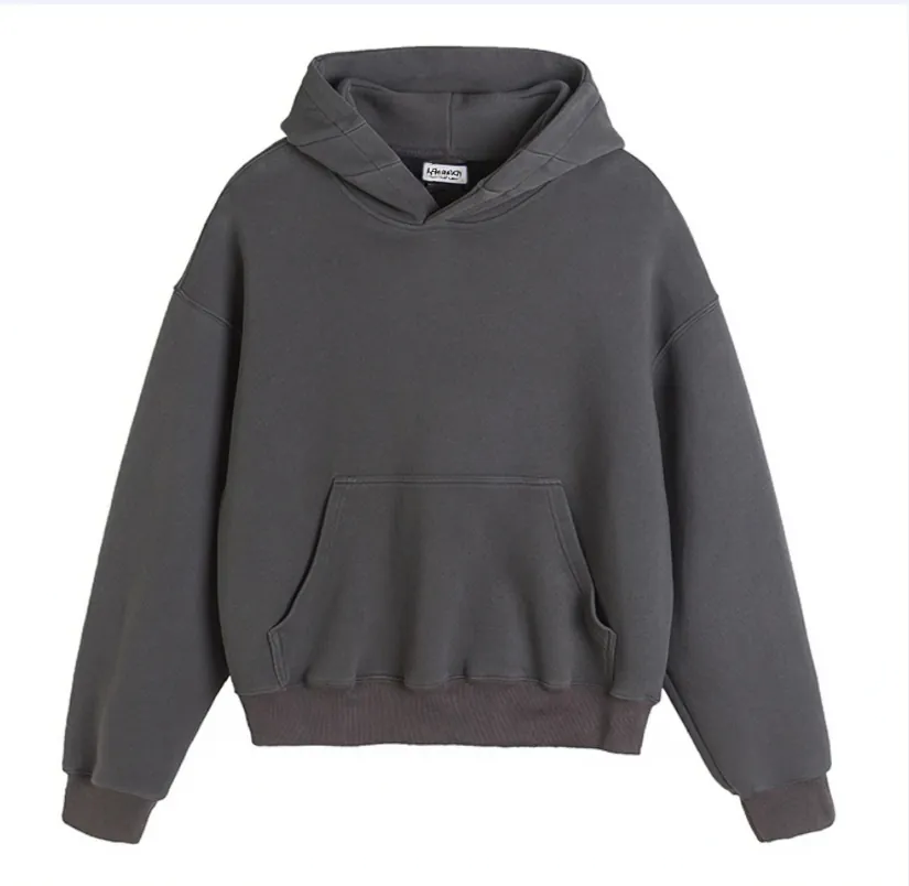 Display of charcoal gray hoodie with kangaroo pocket