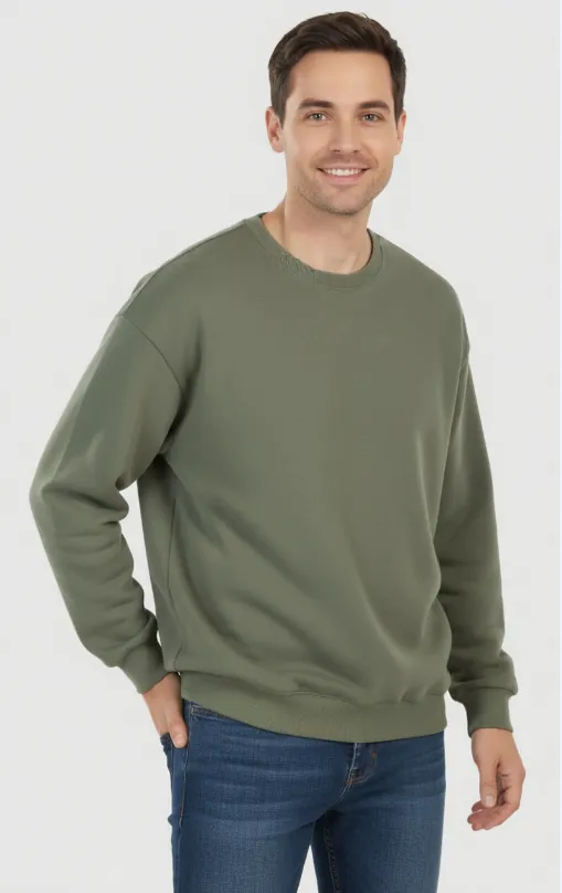 olive-green-crew-neck-sweatshirt-model-display.jpg Model wearing olive green crew - neck sweatshirt
