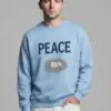 Model wearing light blue crew - neck sweatshirt with "PEACE" text and nest graphic