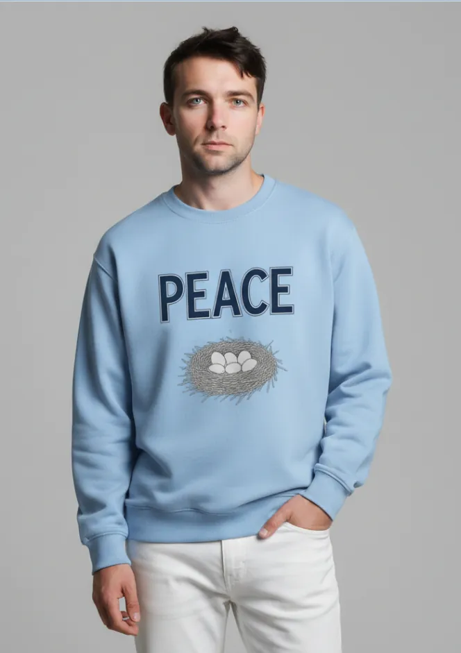 light-blue-crew-neck-sweatshirt-peace-nest-graphic-model-display.jpg Model wearing light blue crew - neck sweatshirt with "PEACE" text and nest graphic