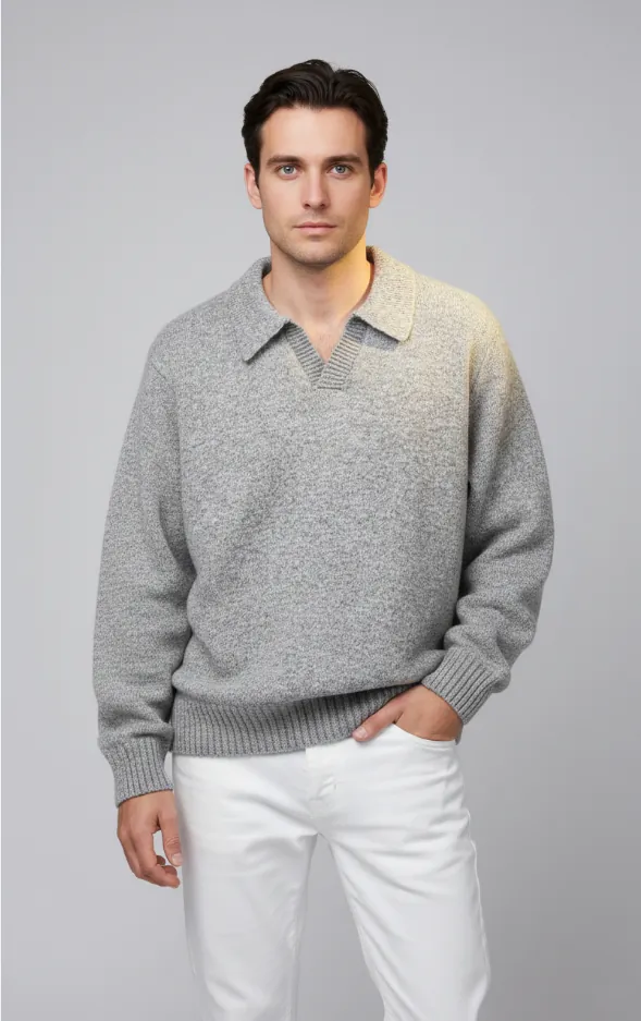gray-polo-collar-sweater-model-display.jpg Model wearing gray polo - collar sweater