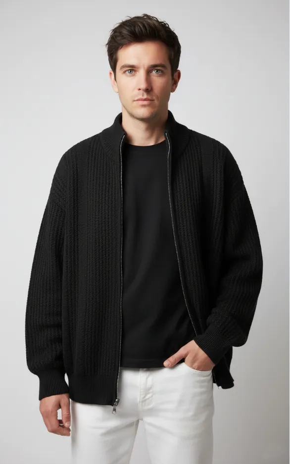 Model wearing black zip - up knitted cardigan
