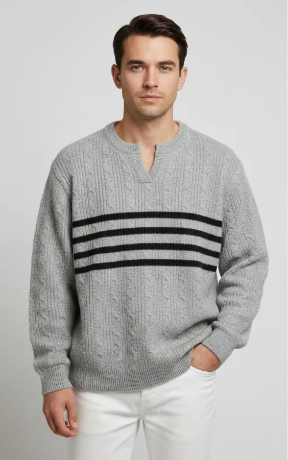 light-gray-notch-neck-cable-knit-stripe-sweater-model-display.jpg Model wearing light gray notch - neck cable - knit stripe sweater