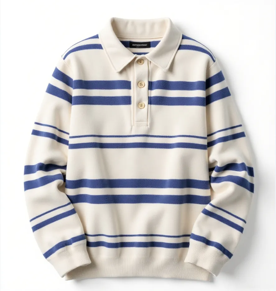 Display of cream and blue striped polo - collar sweater