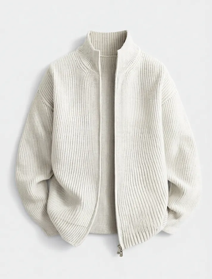 Display of cream ribbed zip - up cardigan