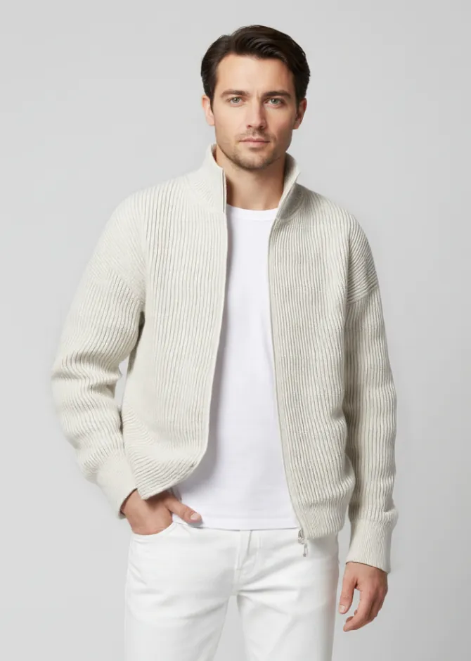 cream-ribbed-zip-up-cardigan-model-display.jpg Model wearing cream ribbed zip - up cardigan