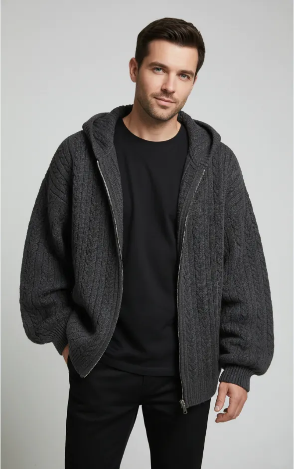 dark-gray-cable-knit-zip-up-hooded-cardigan-model-display.jpg Model wearing dark gray cable - knit zip - up hooded cardigan