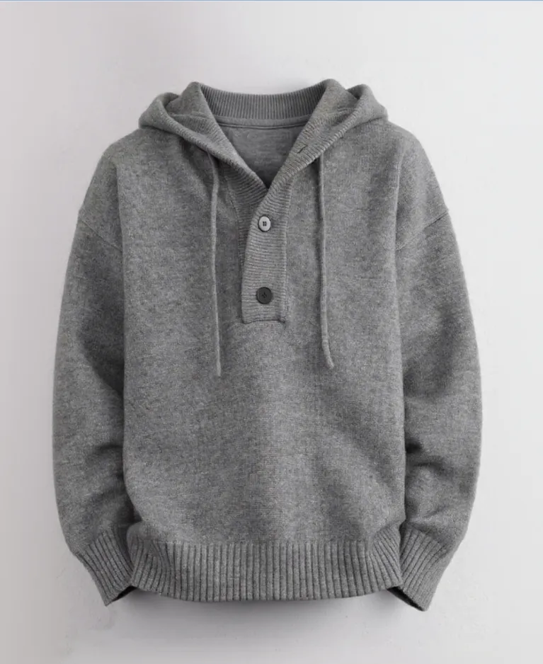 Display of gray hooded henley - style sweater