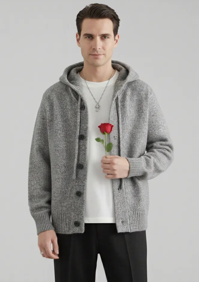 gray-hooded-button-front-cardigan-model-display.jpg Model wearing gray hooded button - front cardigan with a red rose