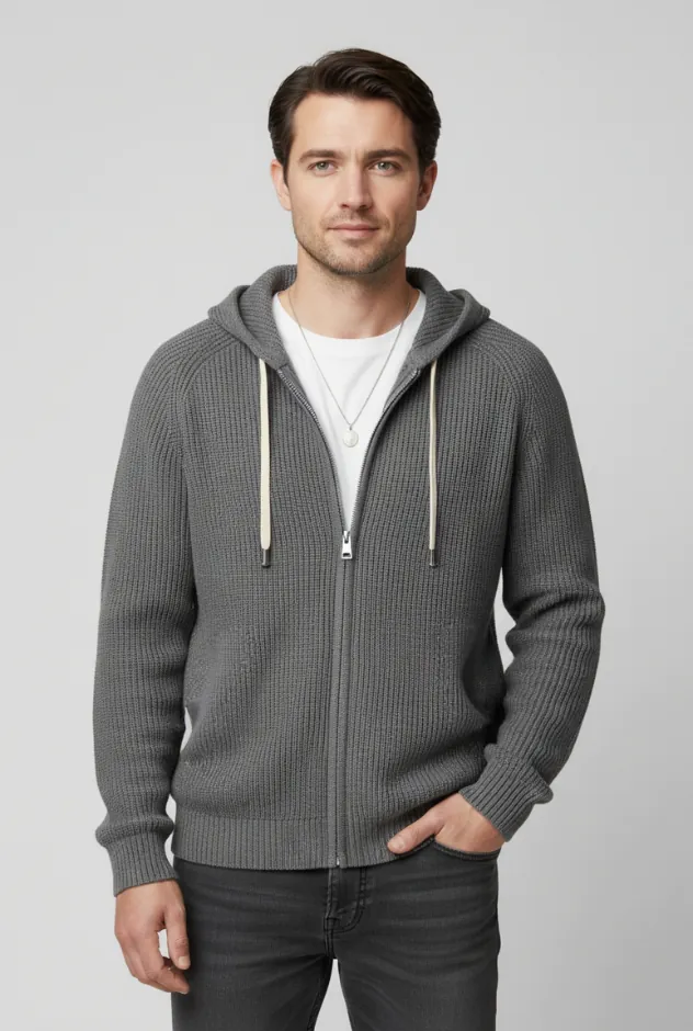 gray-zip-up-hooded-cardigan-model-display.jpg Model wearing gray zip - up hooded cardigan