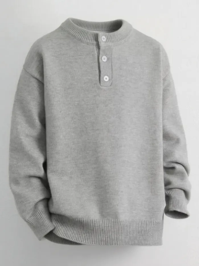 Display of light gray henley - style sweater