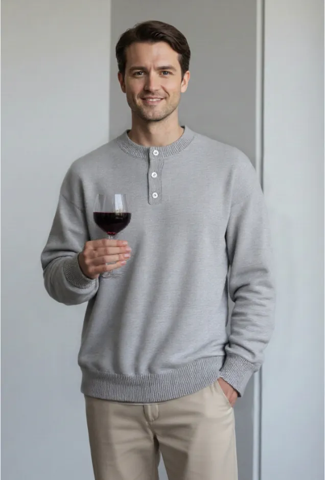 light-gray-henley-style-sweater-model-display.jpg Model wearing light gray henley - style sweater