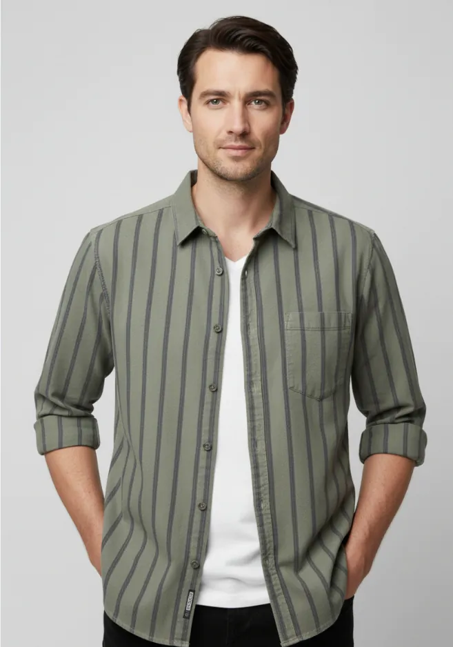 green-striped-button-front-shirt-model-display.jpg Model wearing green striped button - front shirt